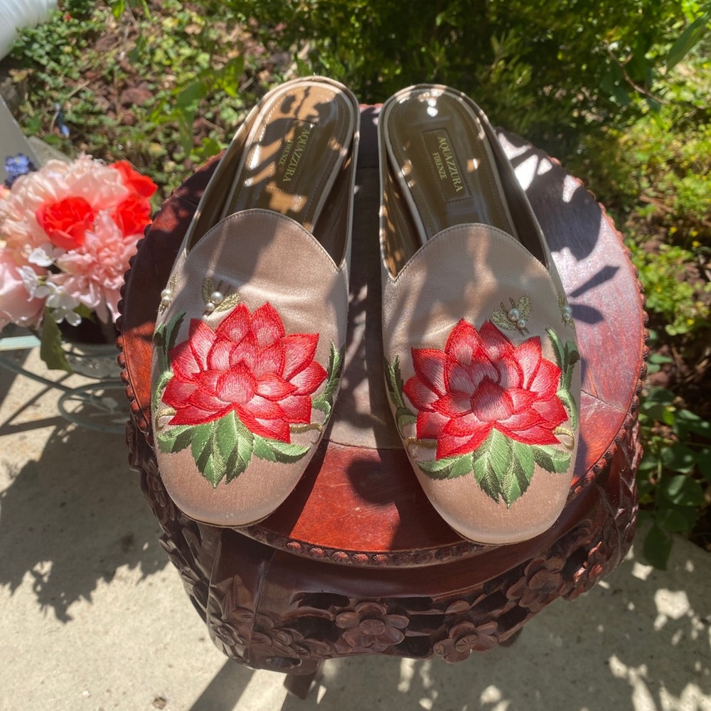❤️🌸🌺Aquazzura Lotus/Bee Pink Satin Embroidered Flat Mules Loafers8.5 M in Italy